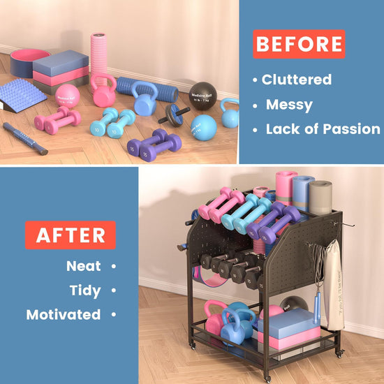 Dumbbell Rack for Home Gym Storage Rack 3 Tier Yoga Mat Kettlebell Dumbbell and Balls Workout Gym Equipment Storage Gym Organization Weight Rack for Dumbbells Home Gym with Wheels and Hooks