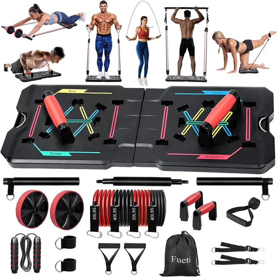 Push up Board Home Gym Portable Home Fitness System, Large Compact Foldable Push up Board, Push up Bar with Resistance Bands, Strength Training Kit with Pilates Bar & Ab Roller Wheel Fitness Accessories