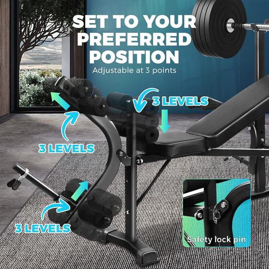 Weight Bench Press Home Gym Systems 8In1 Multi-Station Fitness Chair Strength Training Equipment with Backrest Adjustable Foldable Bar Design, U-Shaped Stable Base and Sweat Proof Padding, 200KG Weight Capacity