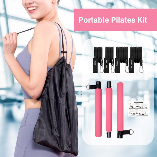 MALOOW Portable Pilates Exercise Bar Kit with Adjustable Resistance Bands and Travel Bag for Use at Home, Gym, Office, or Travel, Black…