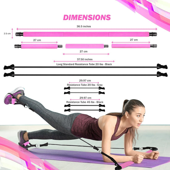 Pilates Bar Kit - 3-Section Yoga Stick for Men & Women - Portable Home Gym Exercise Stick - Muscle Toning, Stretching, Yoga & Full Body Workouts - Includes Adjustable Resistance Bands
