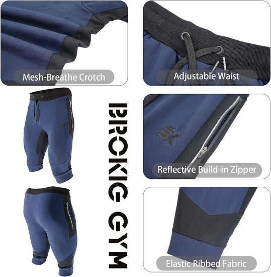 Mens 3/4 Capri Workout Pants,Gym Running Jogger Pants for Men with Zip Pockets