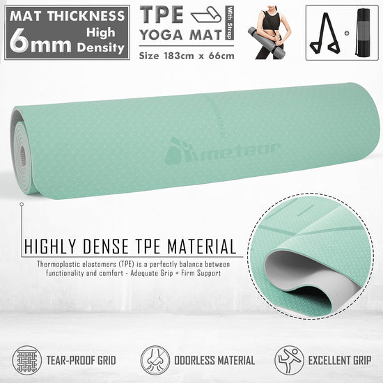METEOR Essential 6Mm Dual-Tone Yoga Mat with Alignment Lines, TPE Yoga Mat Non-Slip Textured, High-Density Padding for Knee Comfort, Perfect for Yoga, Pilates and Fitness Exercise
