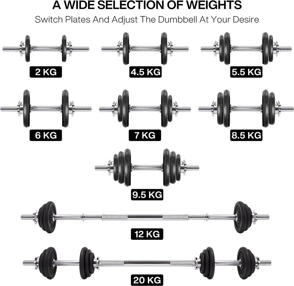 METEOR 20Kg Adjustable Dumbbell Set, One Set for All, Dumbbell and Barbell, Compact Hand Weight Set - Solid Cast Iron Plate with Steel Handle - Upgradable Home Gym Exercise Weight Set