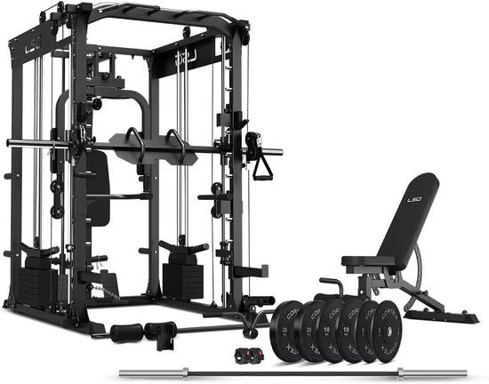 GRK200 10-In-1 Home Gym Station, Power Rack, Smith Machine and Cable Crossover + 90Kg Olympic Barbell & Bumper Plate Set