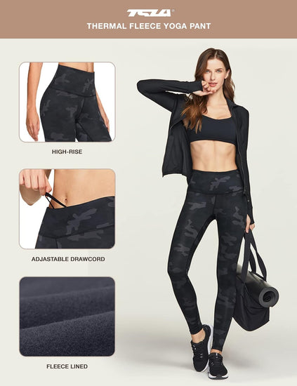 Women'S Thermal Tummy Control Yoga Pants with Pockets, High Waist Warm Fleece Lined Leggings, Winter Workout Running Tights