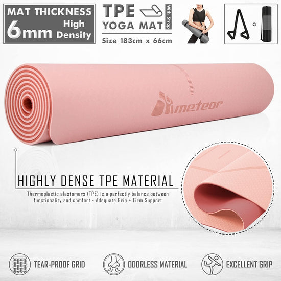 METEOR Essential 6Mm Dual-Tone Yoga Mat with Alignment Lines, TPE Yoga Mat Non-Slip Textured, High-Density Padding for Knee Comfort, Perfect for Yoga, Pilates and Fitness Exercise