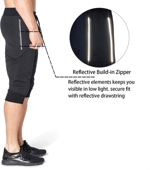 Mens 3/4 Capri Workout Pants,Gym Running Jogger Pants for Men with Zip Pockets