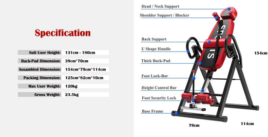 Gravity Inversion Table - Upside down Machine - Heavy Duty- Red/Black - Gym Fitness