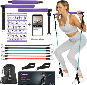 Portable Pilates Bar Kit with Resistance Bands for Men and Women - 6 Exercise Resistance Bands (15, 20, 30 LB) - Home Gym Equipment - Supports Full-Body Workouts – with Video