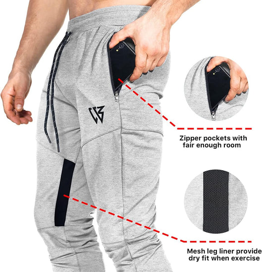 Mens Tapered Gym Joggers, Fitness Pants Casual Workout Track Pants with Zip Pockets