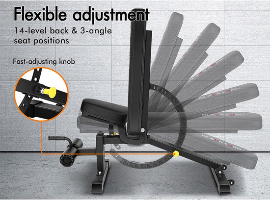 Foldable Weight Bench for Incline Decline Flat Dumbbell Press, Adjustable FID Bench with 14 Positions for Full Body Exercise, Utility Fitness Equipment for Commercial & Home Gym, Max 450Kg