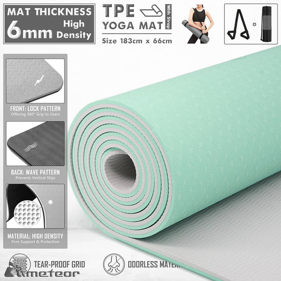 METEOR Essential 6Mm Dual-Tone Yoga Mat with Alignment Lines, TPE Yoga Mat Non-Slip Textured, High-Density Padding for Knee Comfort, Perfect for Yoga, Pilates and Fitness Exercise