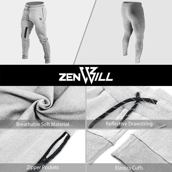 Mens Tapered Gym Joggers, Fitness Pants Casual Workout Track Pants with Zip Pockets