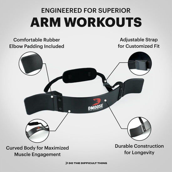 Dmoose Arm Blaster for Biceps Triceps Bodybuilding Muscle Strength Gains Workout Equipment Training Contoured Bicep Blaster Isolator Preacher Curling Weight Lifting Adjustable Strap Neoprene Padding