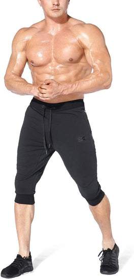 Mens 3/4 Capri Workout Pants,Gym Running Jogger Pants for Men with Zip Pockets