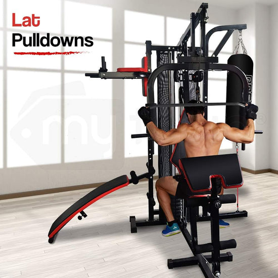M9500 Multi-Function Home Gym Machine with Dip Station, Punching Bag, Situp Bench, Black/Red