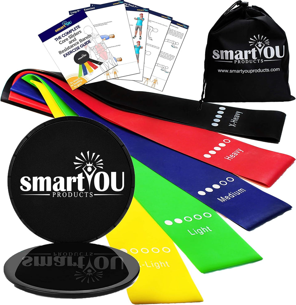 Resistance Loop Bands and Sliders - 5 Bands+2 Gliding Discs with Carrying Bag - Home Fitness Equipment for Arms, Shoulders, Legs, Butt, Physical Therapy, Stretching, Strength, Ab Workout and an Ebook.
