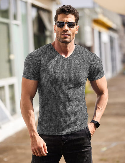 Men'S Muscle T Shirts Stretch Short Sleeve V Neck Bodybuilding Workout Tee Shirts