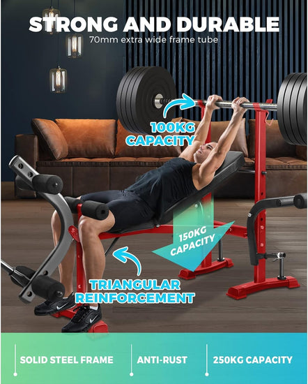 Weight Bench Press Home Gym Systems 8In1 Multi-Station Fitness Chair Strength Training Equipment with Backrest Adjustable Foldable Bar Design, U-Shaped Stable Base and Sweat Proof Padding, 200KG Weight Capacity