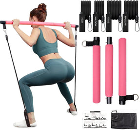 MALOOW Portable Pilates Exercise Bar Kit with Adjustable Resistance Bands and Travel Bag for Use at Home, Gym, Office, or Travel, Black…