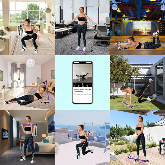 Portable Pilates Bar Kit with Resistance Bands for Men and Women - 6 Exercise Resistance Bands (15, 20, 30 LB) - Home Gym Equipment - Supports Full-Body Workouts – with Video