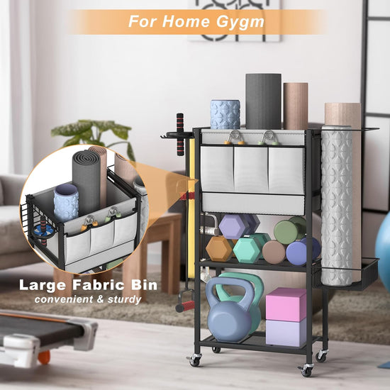 Weight Rack for Home Gym Yoga Mat Storage Rack with Hooks and Wheels, Dumbbell Storage Rack with Fabric Bin for Kettlebell Foam Roller Yoga Strap Resistance Band, Small Weight Rack