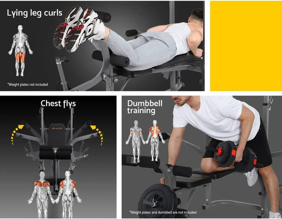 Weight Bench Multi Station Press Barbell Home Gym FID Chair Flat Incline Decline Toning Exercise Equipment Military Row Leg Extension Preacher Curl