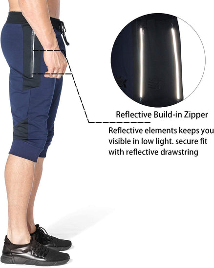 Mens 3/4 Capri Workout Pants,Gym Running Jogger Pants for Men with Zip Pockets