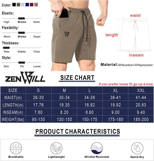 Mens Gym Running Shorts, Workout Athletic Bodybuilding Fitness Shorts with Zip Pockets