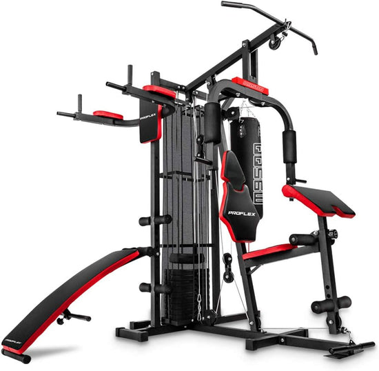 M9500 Multi-Function Home Gym Machine with Dip Station, Punching Bag, Situp Bench, Black/Red