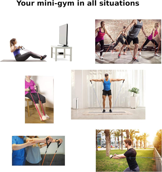 Exercise Resistance Bands Set - 5 Workout Bands Stackable 110-150 Lbs. Strength Training Tubes with Handles, Ankle Straps, Door Anchor, Carry Bag. Fitness Equipment for Home Gym Yoga
