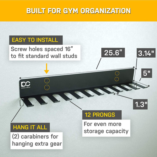 Gym Rack Organizer, Multi-Purpose Hanger for Home and Pro Gym Storage with Wall Hooks for Exercise Bands, Workout Equipment, Gym Accessories (Hardware Included)