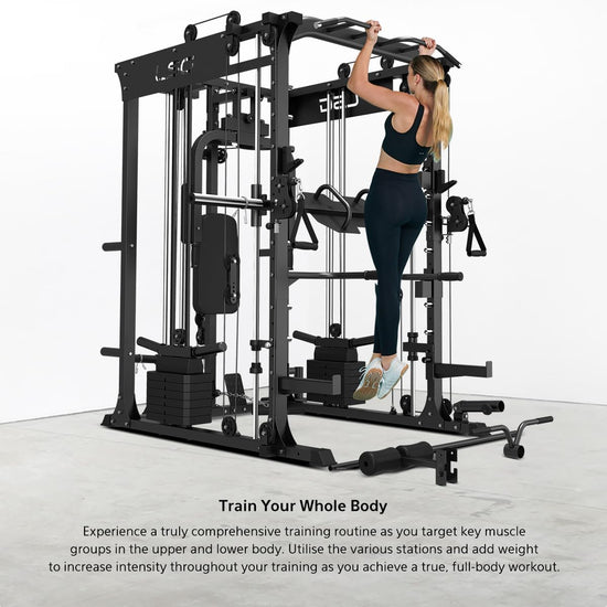 GRK200 10-In-1 Home Gym Station, Power Rack, Smith Machine and Cable Crossover + 90Kg Olympic Barbell & Bumper Plate Set