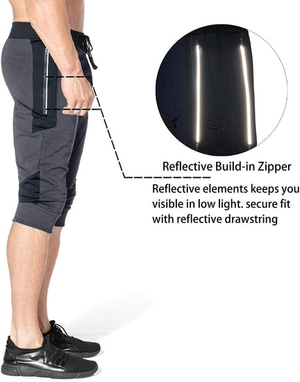 Mens 3/4 Capri Workout Pants,Gym Running Jogger Pants for Men with Zip Pockets