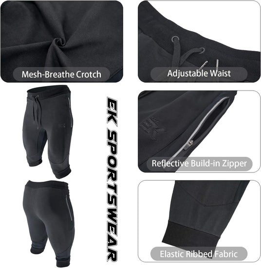 Mens 3/4 Capri Workout Pants,Gym Running Jogger Pants for Men with Zip Pockets