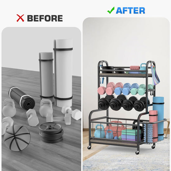 Dumbbell Rack,  Weight Rack for Dumbbells and Kettlebells, All in One Home Gym Storage, Yoga Mat Organizer Holder with Hooks and Wheels, Workout Equipment Weight Stand for Home Exercise And