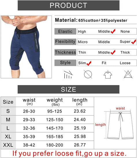 Mens 3/4 Capri Workout Pants,Gym Running Jogger Pants for Men with Zip Pockets