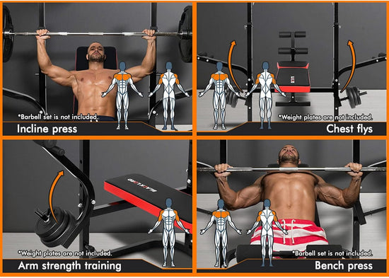 Adjustable Weight Bench Press with Barbell Rack, 8-In-1 Multi-Station Home Gym System with FID, Fitness Strength Training Equipment Exercise Bench for Full-Body Workout, 250Kg Capacity