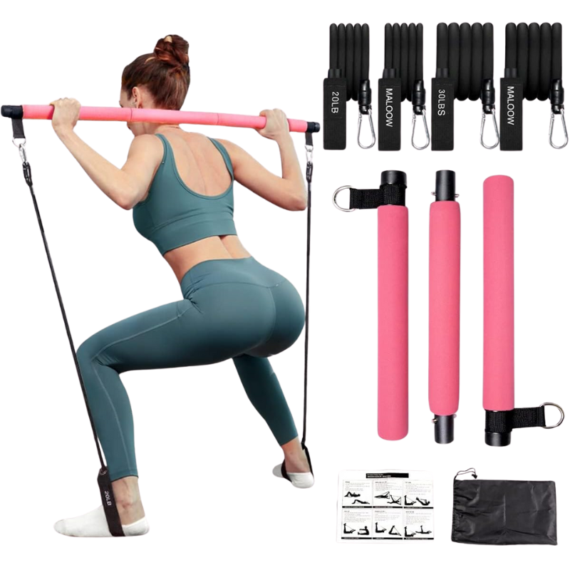 MALOOW Portable Pilates Exercise Bar Kit with Adjustable Resistance Bands and Travel Bag for Use at Home, Gym, Office, or Travel, Black…
