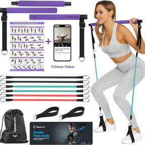 Portable Pilates Bar Kit with Resistance Bands for Men and Women - 6 Exercise Resistance Bands (15, 20, 30 LB)
