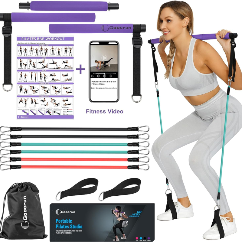 Portable Pilates Bar Kit with Resistance Bands for Men and Women - 6 Exercise Resistance Bands (15, 20, 30 LB)