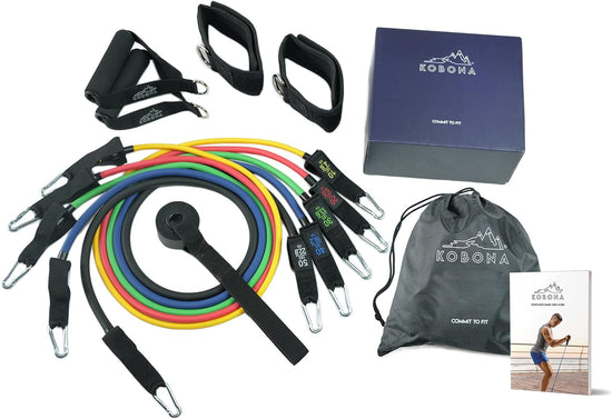 Exercise Resistance Bands Set - 5 Workout Bands Stackable 110-150 Lbs. Strength Training Tubes with Handles, Ankle Straps, Door Anchor, Carry Bag. Fitness Equipment for Home Gym Yoga