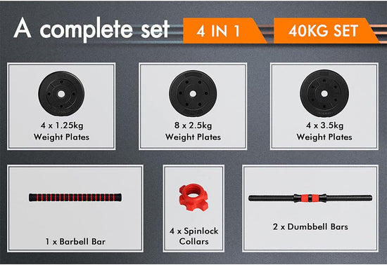 40KG Dumbbell Barbell Set 4-In-1 Standard Weight Plates with Connecting Rod Exercise & Fitness Equipment for Home Gym Body Workouts Strength Training