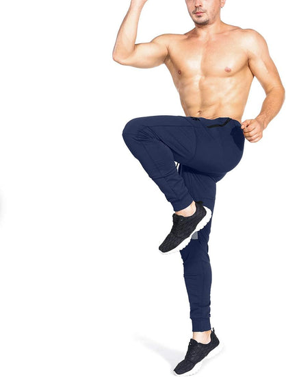 Mens Tapered Gym Joggers, Fitness Pants Casual Workout Track Pants with Zip Pockets
