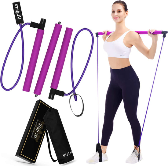 Pilates Bar Kit for Portable Home Gym Workout - 2 Latex Exercise Resistance Band - 3-Section Sticks - All-In-One Strength Weights Equipment for Body Fitness Squat Yoga with E-Book & Video