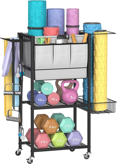 Weight Rack for Home Gym Yoga Mat Storage Rack with Hooks and Wheels, Dumbbell Storage Rack with Fabric Bin for Kettlebell Foam Roller Yoga Strap Resistance Band, Small Weight Rack