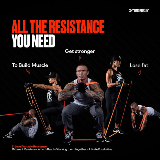 the 5-Band Complete Exercise Band Set Includes 5 Different Levels of Resistance Bands from X-Light, Light, Medium, Heavy and X-Heavy. Great Value Fitness Bands