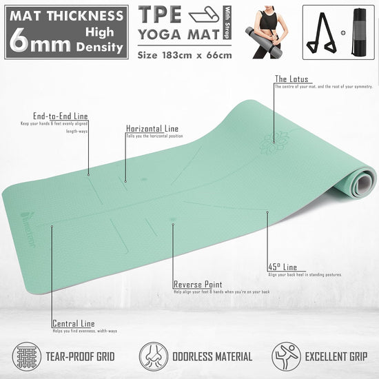 METEOR Essential 6Mm Dual-Tone Yoga Mat with Alignment Lines, TPE Yoga Mat Non-Slip Textured, High-Density Padding for Knee Comfort, Perfect for Yoga, Pilates and Fitness Exercise