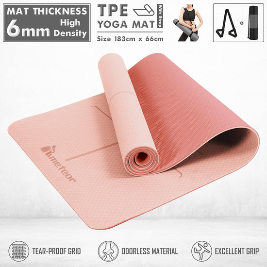 METEOR Essential 6Mm Dual-Tone Yoga Mat with Alignment Lines, TPE Yoga Mat Non-Slip Textured, High-Density Padding for Knee Comfort, Perfect for Yoga, Pilates and Fitness Exercise